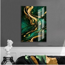 Harikabirev |yeşil-Gold-Beyaz Soyut Desenli Model 3 |çerçeveli Temperli Cam Tablo Tekli Dikey