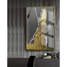 Harikabirev gold-Siyah Soyut Model 1 |çerçeveli Temperli Cam Tablo Tekli Dikey