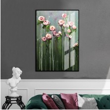 Harikabirev yeşil-Gri-Pembe Çiçek Modeli |çerçeveli Temperli Cam Tablo Tekli Dikey