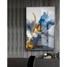 Harikabirev mavi-Gold Çiçek Desenli Model 1 |çerçeveli Temperli Cam Tablo Tekli Dikey