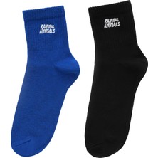 Raining Animals 2'li Koyu Renk Paket Pamuklu Unisex Tenis Çorap Logo Nakışlı Siyah & Lacivert
