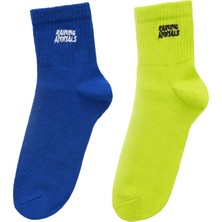 Raining Animals 2'li Renkli Paket Pamuklu Unisex Tenis Çorap Logo Nakışlı Lime Yeşili & Lacivert