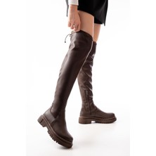İnfon Ayakkabı Marketi 812-2194 Kahverengi Fermuarlı Diz Üstü Bağcıklı Çorap Günlük Kadın Çizme