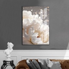 Harikabirev soft Bej Ekru Püsküllü Çiçek 3|çerçeveli Temperli Cam Tablo Tekli Dikey