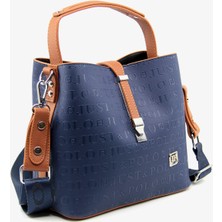 Just Polo Baskı Desenli Su Geçirmez 3 Gözlü Kadın Omuz Çantası Lacivert Taba 22X20CM PBU4002