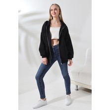 Kadın Oversize Sweatshırt Kanguru Cepli Fermuarlı Sweatshırt 3 Iplik Şardonlu