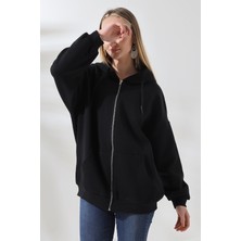 Kadın Oversize Sweatshırt Kanguru Cepli Fermuarlı Sweatshırt 3 Iplik Şardonlu