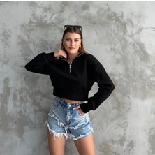 Gannhers Kadın Siyah Yarım Fermuarlı Şardonlu Crop Sweatshirt