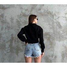 Gannhers Kadın Siyah Yarım Fermuarlı Şardonlu Crop Sweatshirt