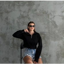 Gannhers Kadın Siyah Yarım Fermuarlı Şardonlu Crop Sweatshirt