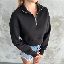 Gannhers Kadın Siyah Yarım Fermuarlı Şardonlu Crop Sweatshirt