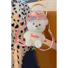 Emr Shop   Şeffaf Smile Pink Ayıcık Su Matarası 1000ML Askılı Çocuk Su Şişesi Pipetli Sızdırmaz Kokusuz Suluk   Emr Home