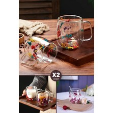 Emr Shop   2li Çiçekli Çift Cidarlı Kulplu Bardak Handmade Flower Cup Kahve Sunum Meşrubat Bardağı 250ML Seti