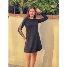 Kadın Uzun Kollu Bisiklet Yaka Kollar Leopar Detay Iki Iplik Mini Boy Elbise