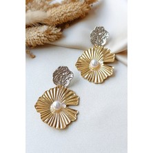 Cosita Gold Silver İnci Detaylı  Dalgalı Görünüm Büyük Trend Küpe