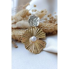 Cosita Gold Silver İnci Detaylı  Dalgalı Görünüm Büyük Trend Küpe