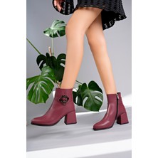 Marshetta Shoes Grace Model Bordo Yuvarlak Burun Kalın Topuklu Yandan Fermuarlı Kadın Bot