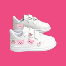 Lias Shoes Tatlı Pembe Ayıcıklar Baskılı Bantlı Beyaz Kız Çocuk Spor Ayakkabı Sneaker
