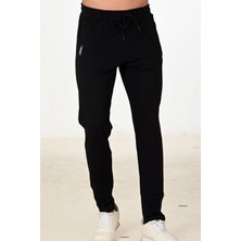 Siyah Erkek Beli Lastikli Cepli Dar Paça Kompakt Iki Iplik Pamuklu Eşofman Altı EDY5431S