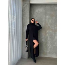 Balıkçı Yaka Uzun Yırtmaçlı Triko Panço Elbise