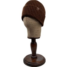 Sofist İstanbul Brown  Beanie Kahverengi Deri Etiket Detaylı Soft Yıkama Yünlü ve Katlamalı Örgü Bere