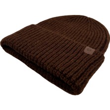 Sofist İstanbul Brown  Beanie Kahverengi Deri Etiket Detaylı Soft Yıkama Yünlü ve Katlamalı Örgü Bere