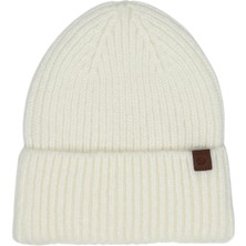 Sofist İstanbul Ecru  Beanie Ekru Deri Etiket Detaylı Soft Yıkama Yünlü ve Katlamalı Örgü Bere
