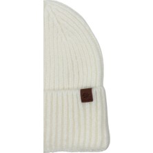 Sofist İstanbul Ecru  Beanie Ekru Deri Etiket Detaylı Soft Yıkama Yünlü ve Katlamalı Örgü Bere