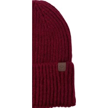 Sofist İstanbul Claret Red  Beanie Bordo Deri Etiket Detaylı Soft Yıkama Yünlü ve Katlamalı Örgü Bere