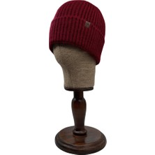 Sofist İstanbul Claret Red  Beanie Bordo Deri Etiket Detaylı Soft Yıkama Yünlü ve Katlamalı Örgü Bere