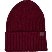 Sofist İstanbul Claret Red  Beanie Bordo Deri Etiket Detaylı Soft Yıkama Yünlü ve Katlamalı Örgü Bere