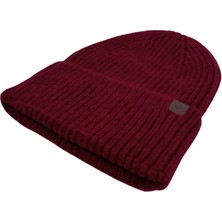 Sofist İstanbul Claret Red  Beanie Bordo Deri Etiket Detaylı Soft Yıkama Yünlü ve Katlamalı Örgü Bere