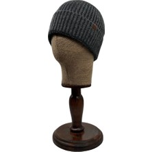 Sofist İstanbul Anthracite  Beanie Antrasit Deri Etiket Detaylı Soft Yıkama Yünlü ve Katlamalı Örgü Bere