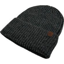Sofist İstanbul Anthracite  Beanie Antrasit Deri Etiket Detaylı Soft Yıkama Yünlü ve Katlamalı Örgü Bere