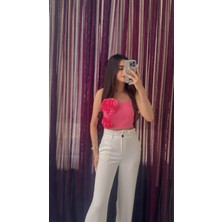  Güllü Likralı Crop Tasarım Bluz Pembe