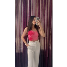  Güllü Likralı Crop Tasarım Bluz Pembe