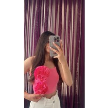 Güllü Likralı Crop Tasarım Bluz Pembe