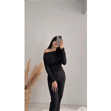 Lucky Düşük Omuz Drapeli Asimetrik Krep Bluz Siyah