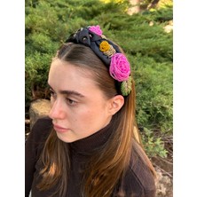 ByMerve BYM1010 Tasarım Abiye Kına Nişan Gelin El Işlemesi Pembe Yeşil Gül Işlemesi Taç Aksesuar