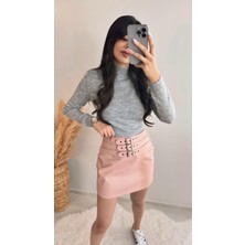 Fune Kemer Detaylı Pembe Deri Etek