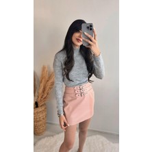 Fune Kemer Detaylı Pembe Deri Etek