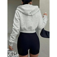 Kadın Siyah Relaxed Zip Fermuarlı Içi Polarlı Üç Iplik Kapüşonlu Crop Hırka Sweatshirt