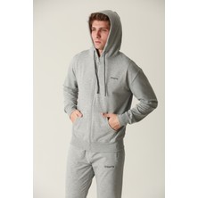 Erkek Gri Fermuarlı Kapüşonlu Sweatshirt Takım