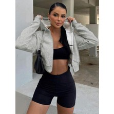 Kadın Siyah Relaxed Zip Fermuarlı Içi Polarlı Üç Iplik Kapüşonlu Crop Hırka Sweatshirt