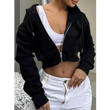 Kadın Siyah Relaxed Zip Fermuarlı Içi Polarlı Üç Iplik Kapüşonlu Crop Hırka Sweatshirt