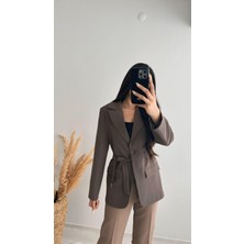 Premium Kalite Kemerli Astarlı Double Kalın Kumaş Blazer Ceket Kahve