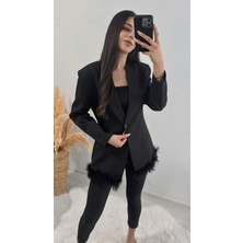 Tasarım Tüylü Tek Düğmeli Blazer Ceket Siyah