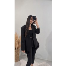 Tasarım Tüylü Tek Düğmeli Blazer Ceket Siyah