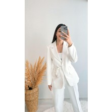 Premium Kalite Kemerli Astarlı Double Kalın Kumaş Blazer Ceket Beyaz