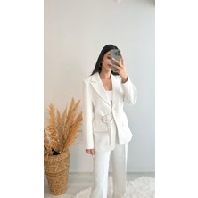 Premium Kalite Kemerli Astarlı Double Kalın Kumaş Blazer Ceket Beyaz